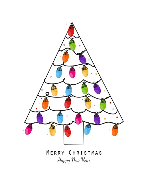 Χριστουγεννιάτικα πολύχρωμα λάμπα νέα χρονιά ευχετήρια κάρτα. Νέο έτος δέντρο κατασκευασμένο από πολύχρωμα λάμπα φορέα εικονογράφηση — Διανυσματικό Αρχείο