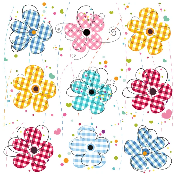 Colored doodle flowers with plaid texture pattern background vector illustration — Stock Vector