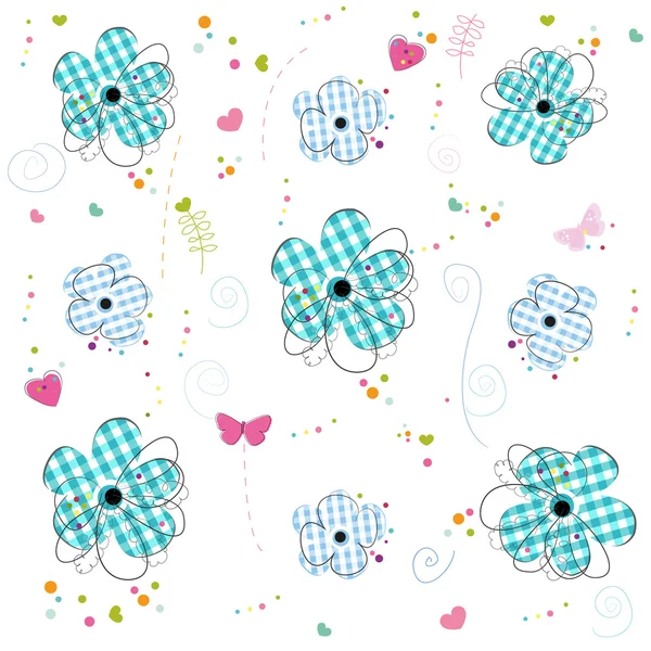 Blue doodle flowers with plaid texture pattern background vector illustration — Stock Vector