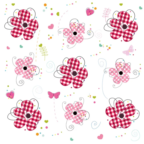 Red doodle flowers with plaid texture pattern background vector illustration — Stock Vector