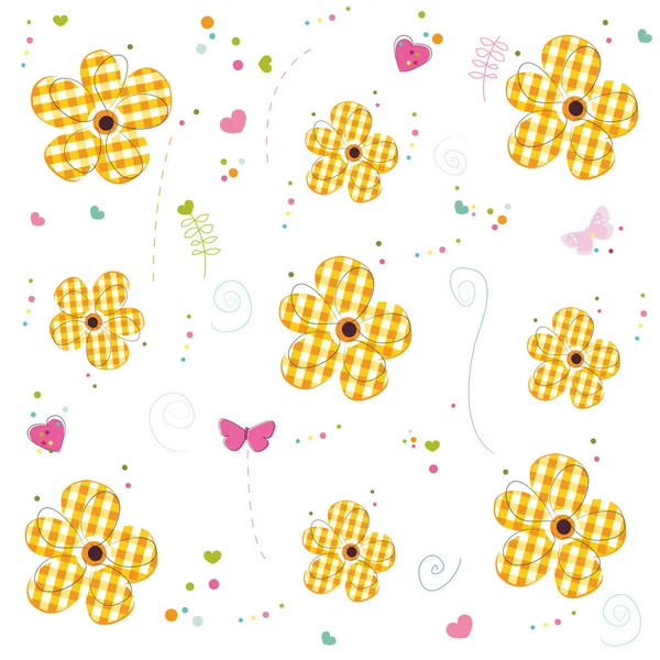 Yellow doodle flowers with plaid texture pattern background vector illustration — Stock Vector