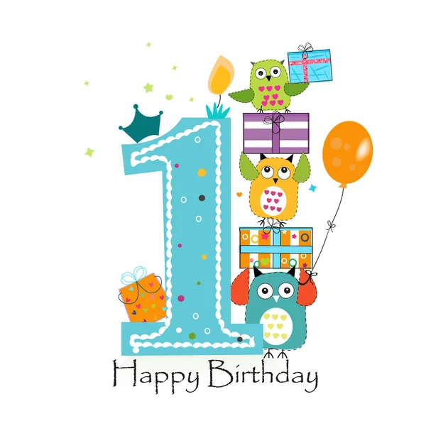 Buon primo compleanno con gufi e confezione regalo. Bambino ragazzo compleanno biglietto di auguri vettoriale illustrazione — Vettoriale Stock