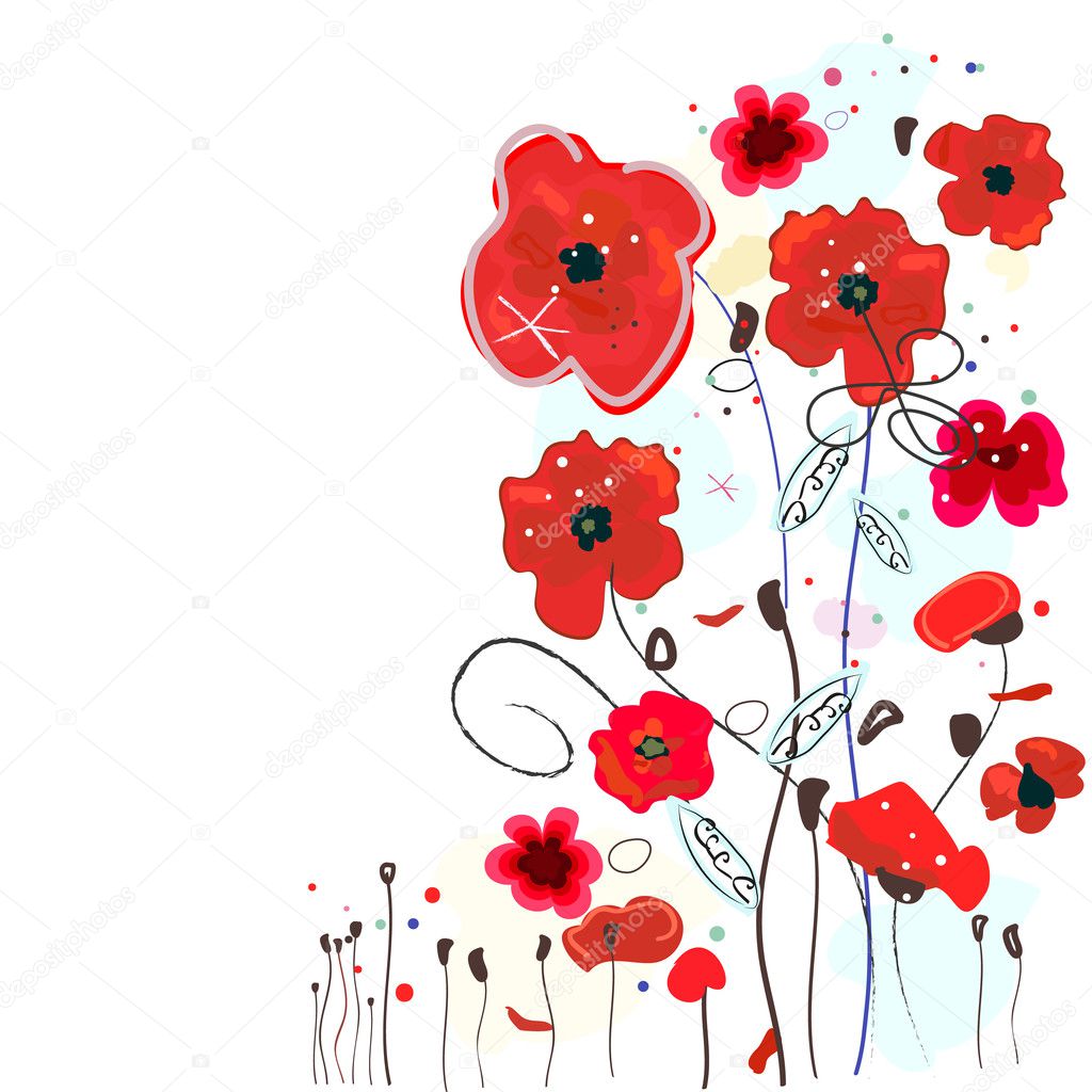 Decorative red poppy flowers abstract background greeting card. Red poppies watercolor vector illustration background