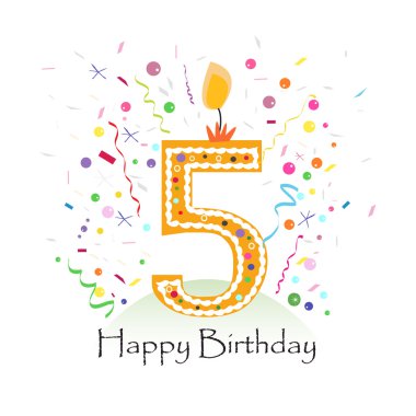Mutlu beşinci doğum mum renkli konfeti ile vektör ve balonlar resimde arka plan vektör