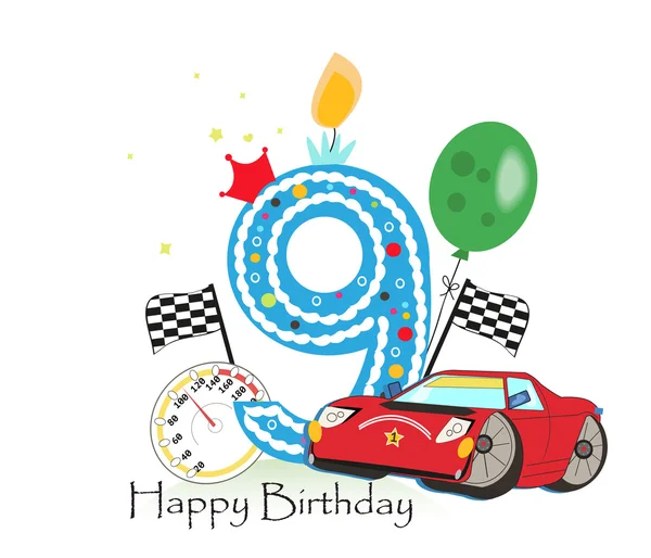 Grußkarte zum neunten Geburtstag. Auto Vektor Illustration Hintergrund — Stockvektor