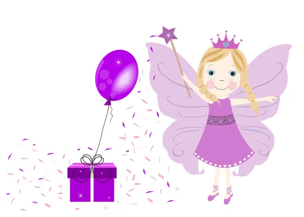 Niedlichen Lila Märchen Mit Geschenkbox Und Ballon Vektor Illustration Grußkarte — Stockvektor