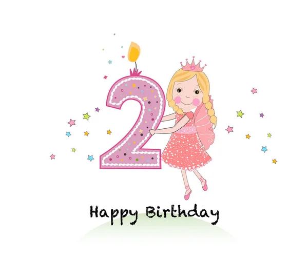 Happy second birthday candle. Girl greeting card with cute fairy tale holding two number vector background — Stock Vector