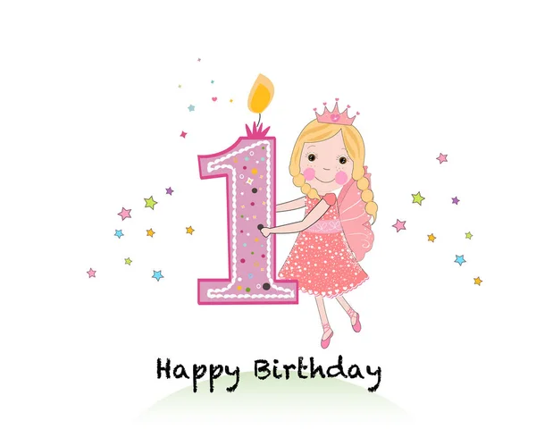 Šťastné první narozeniny svíčkou. Blahopřání dívka s roztomilé pohádky drží jeden číslo vektorové pozadí — Stockový vektor