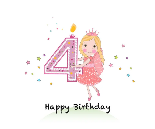 Feliz Cuarta Vela Cumpleaños Tarjeta Felicitación Chica Con Lindo Cuento — Vector de stock