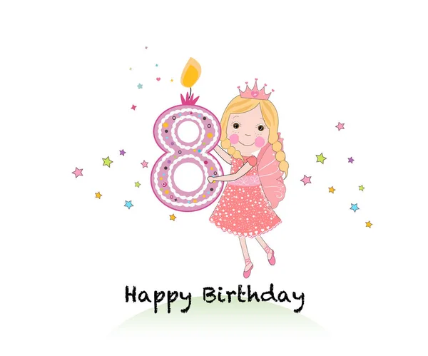 Όγδοη Ευτυχισμένος Γενέθλια Κερί Κορίτσι Ευχετήρια Κάρτα Χαριτωμένο Παραμύθι Κρατώντας — Διανυσματικό Αρχείο