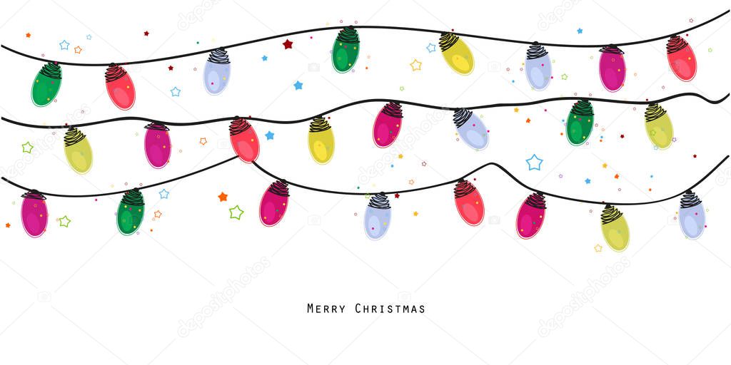 Colorful Christmas light bulb. New year greeting card vector illustration background