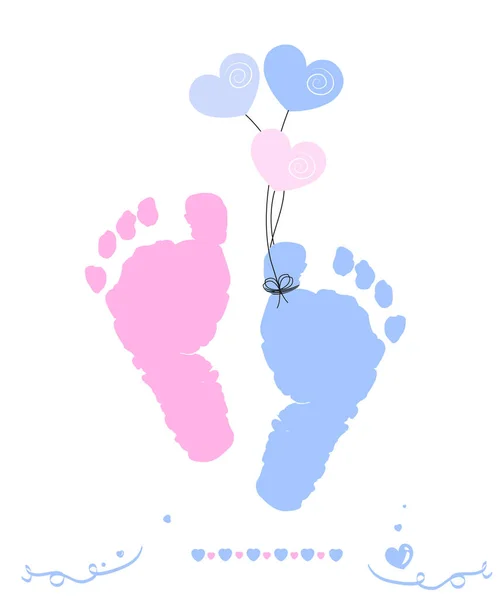 Baby Junge Und Mädchen Fußabdrücke Mit Herzen Ballon Vektor Grußkarte — Stockvektor