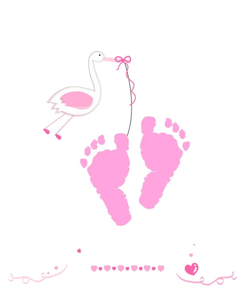 Empreintes Pieds Bébé Fille Avec Carte Vœux Vectoriel Cigogne — Image vectorielle