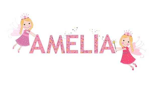 Amelia weiblicher Name mit niedlichem Märchenvektor — Stockvektor