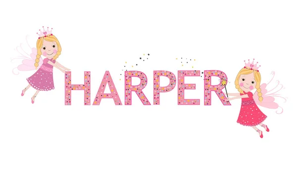 Harper nombre femenino con lindo vector de cuento de hadas — Vector de stock