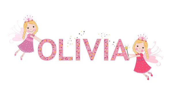 Olivia female name with cute fairy tale vector. — Stock Vector