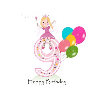 Happy dokuzuncu doğum günü tebrik kartı. Şirin peri masalı vektör çizim