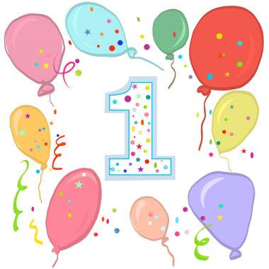 İlk doğum günü kutlu olsun. Renkli balon tebrik kartı vektör çizim