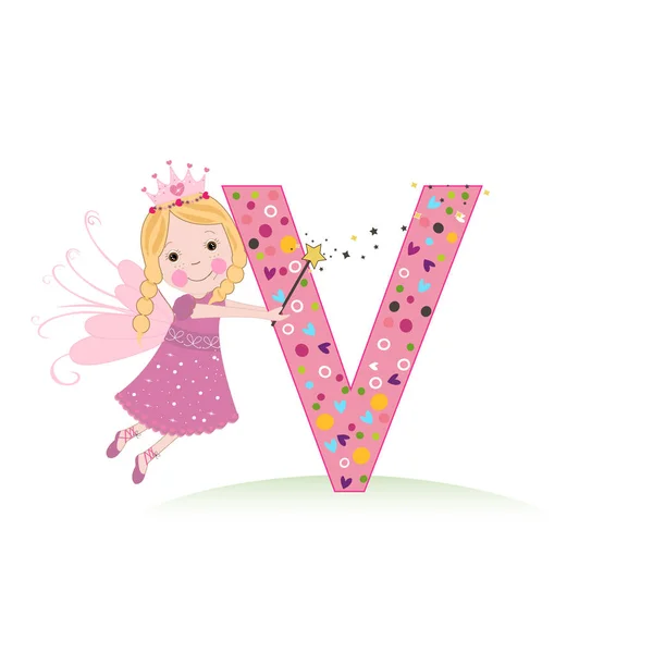 V letter with a cute fairy tale vector illustration — Stock Vector