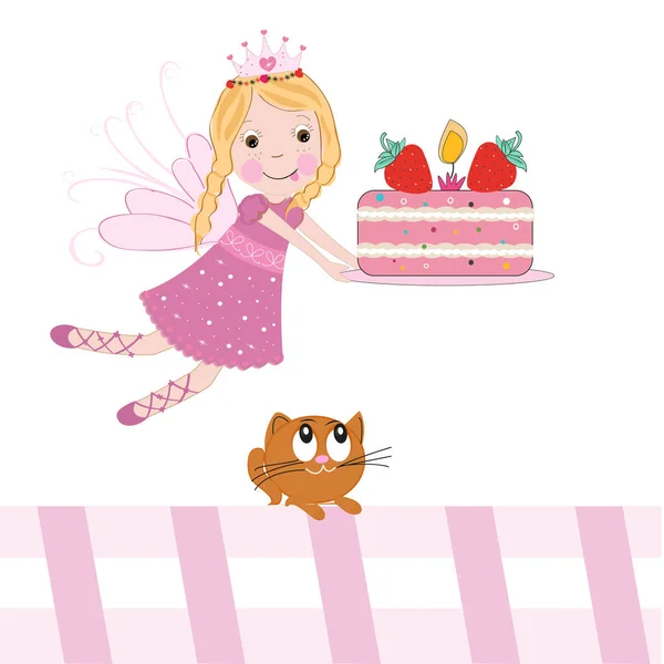 Hada linda con pastel de cumpleaños vector — Vector de stock