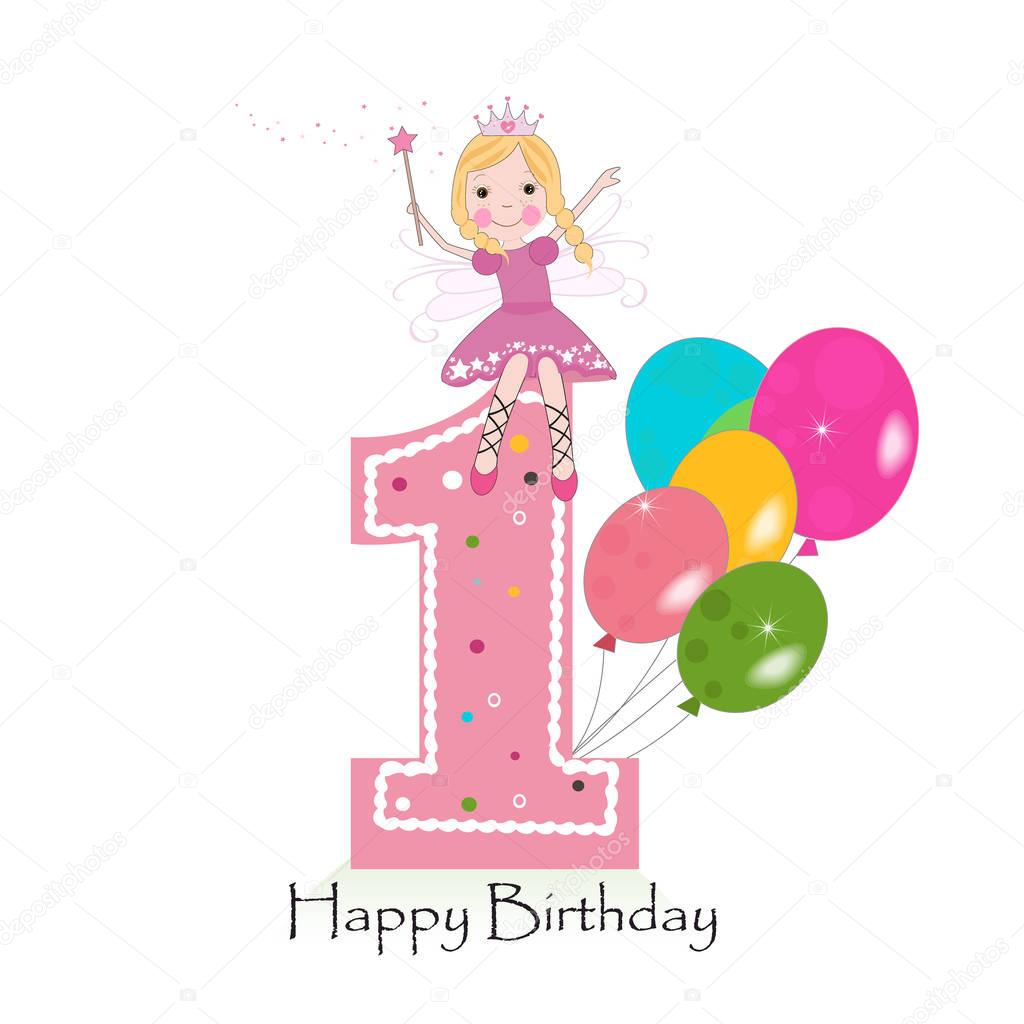 Download Happy first birthday greeting card. Cute fairy tale vector ...