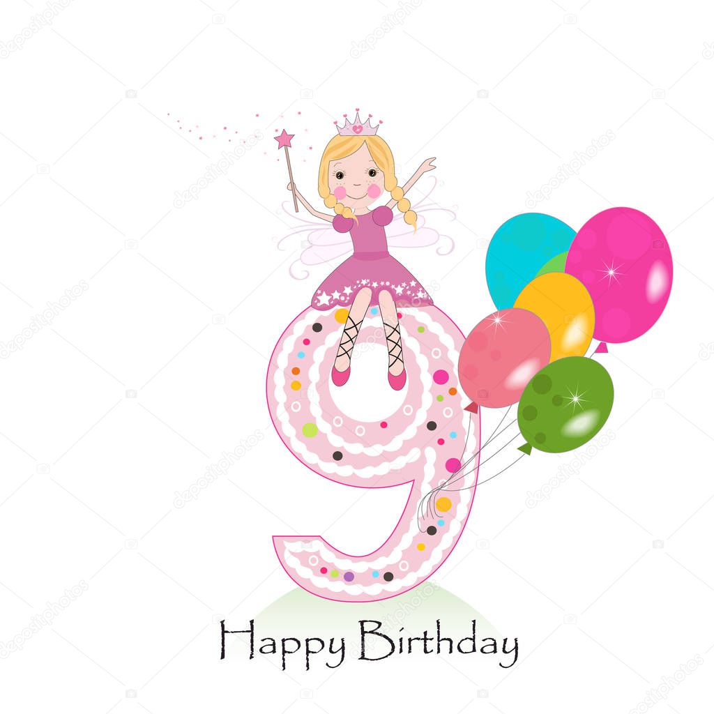 Happy ninth birthday greeting card. Cute fairy tale vector illustration