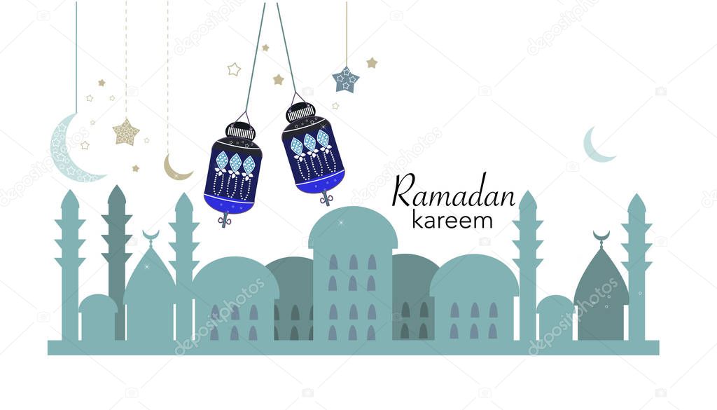 Ramadan Kareem with lamp, crescents and stars. Traditional lantern of Ramadan nights greeting card