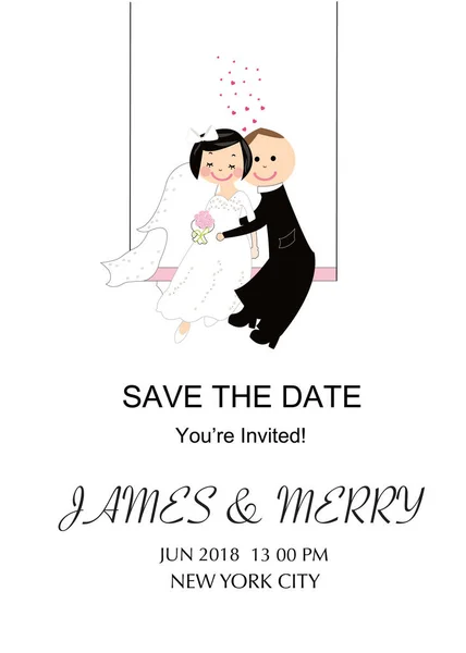 Wedding invitation card. Funny wedding couple. Swinging bride and groom vector background greeting card. — Stock Vector