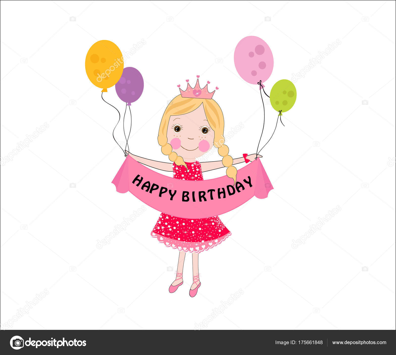 Joyeux Anniversaire Mignon Fee Fille Carte Vœux Avec Ballon Colore Image Vectorielle Par Gulsengunel C Illustration