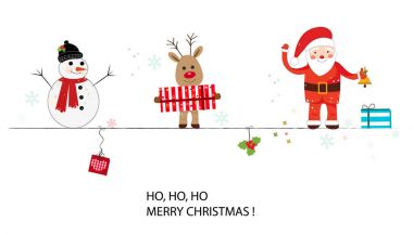 Noel Baba, geyik, kardan adam. Happy new year ve neşeli Noel tebrik kartı. Funy bcakground
