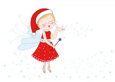 Mutlu yeni yıl neşeli Noel tebrik kartı. Noel Baba masal peri tozu gönderme