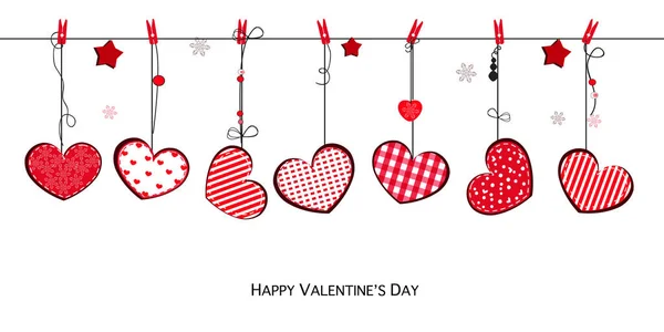 Glücklich Valentines Tageskarte Mit Hängenden Liebe Valentines Niedlichen Roten Herzen — Stockvektor