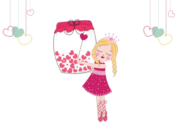 Cute Fairy Girl Heart Filled Jar Happy Valentine Day Vector — Stock Vector