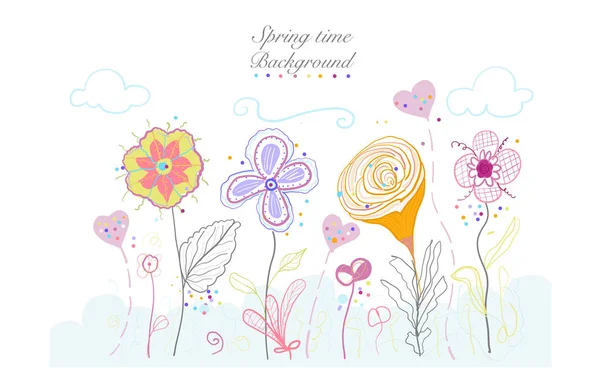 Spring Time Colorful Abstract Flowers Greeting Card Background Illustration — Stock Vector