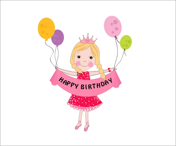 Gelukkige Verjaardag Schattig Fairy Meisje Wenskaart Met Kleurrijke Ballon — Stockvector
