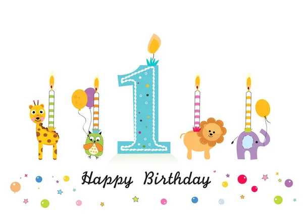 Happy Birthday Kerze Mit Tieren Erster Geburtstag Lustige Grußkarte — Stockvektor