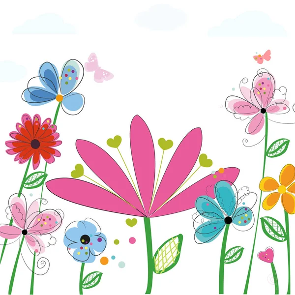 Spring Time Colorful Abstract Flowers Greeting Card Background Illustration — Stock Vector