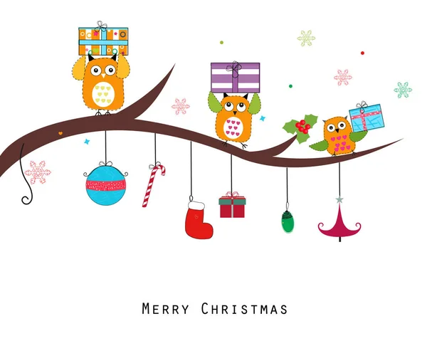 Eule Mit Geschenkkarton Frohe Weihnachten Und Einen Guten Rutsch Ins — Stockvektor