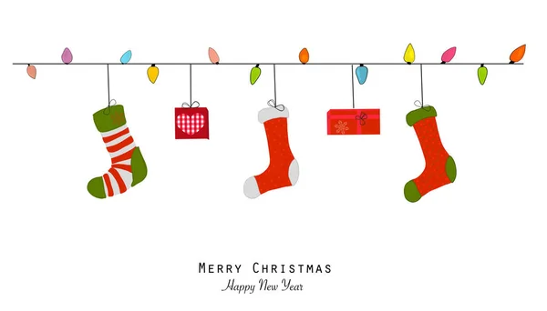 メリー クリスマスと幸せな新年のグリーティング カード クリスマス ソックス ギフト ボックス — ストックベクタ