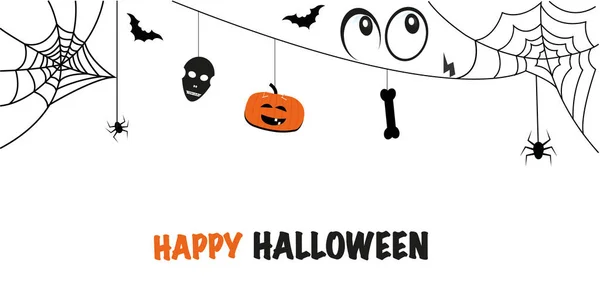 Boldog Halloween Üdvözlés Kártya Val Koponya Pók Sütőtök Szemet Denevér — Stock Vector