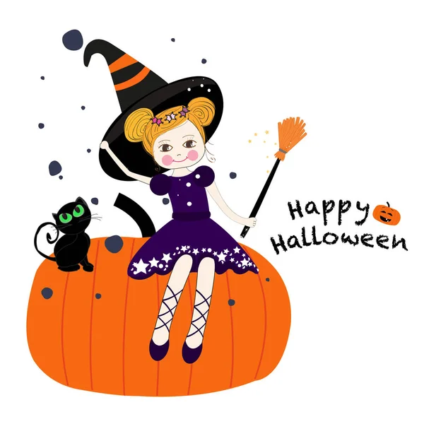 Glückliche Glückwunschkarte Halloween Niedliche Mädchen Und Katzen Sitzen Auf Dem — Stockvektor