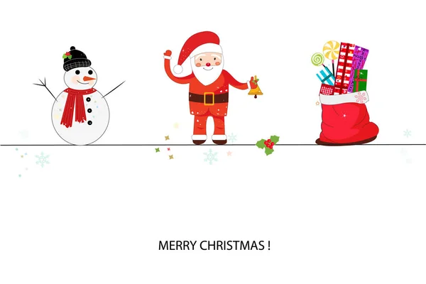 Weihnachtsmann Schneemann Und Geschenkbox Frohe Weihnachten Und Einen Guten Rutsch — Stockvektor