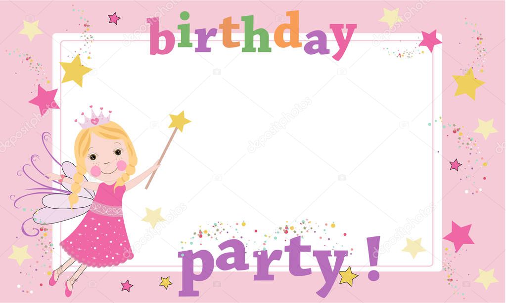 Birthday party photography frame. Fairy birthday theme. Happy birthday greeting card