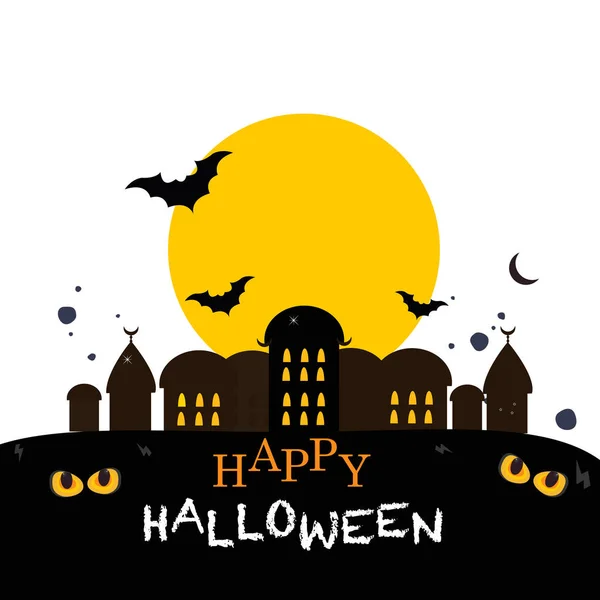 Feliz Tarjeta Felicitación Halloween Ojos Brillantes Oscuridad Murciélago Casa — Vector de stock