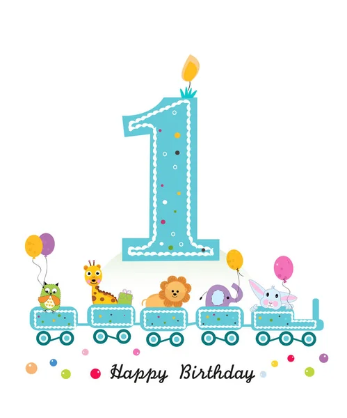 Happy First Birthday Greeting Card Birthday Train Animals — Stock Vector