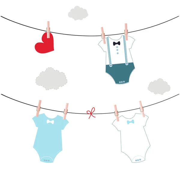 赤ちゃんの体をぶら下がっています ベビー シャワーの招待状 蝶ネクタイと男の子の体記号のグリーティング カード — ストックベクタ