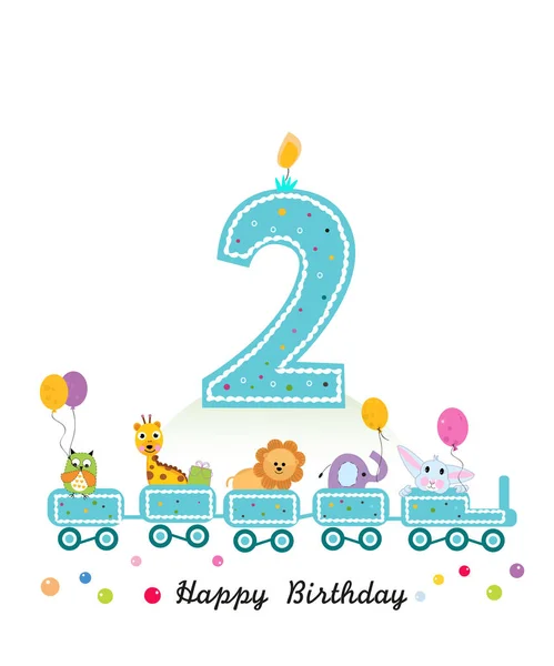 Feliz Cartão Felicitações Segundo Aniversário Comboio Aniversário Com Animais —  Vetores de Stock
