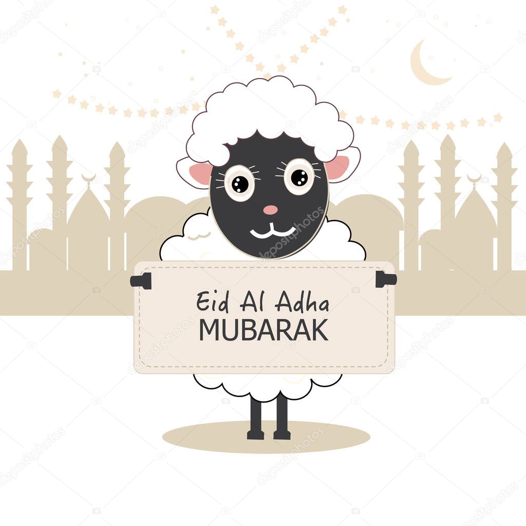Sheep holding greeting card. Islamic festival of sacrifice, eid al adha celebration greeting card 