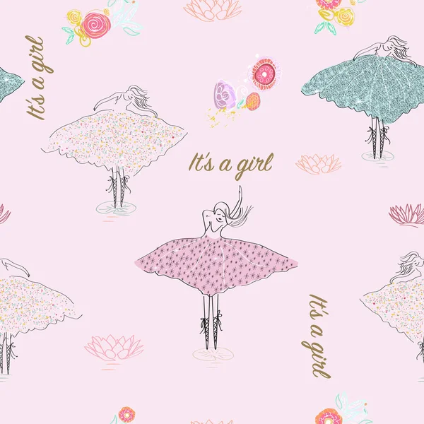 Seamless ballerina symbols, flowers and lotus flowers. It\'s a girl, newborn baby shower. Hand drawn seamless pattern for fabric design with pink background