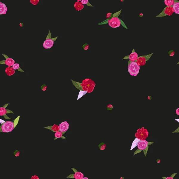 Płynny Ditsy Kwiatowy Ręcznie Rysowane Róże Wzór Projektowania Tkanin Czarne — Zdjęcie stockowe